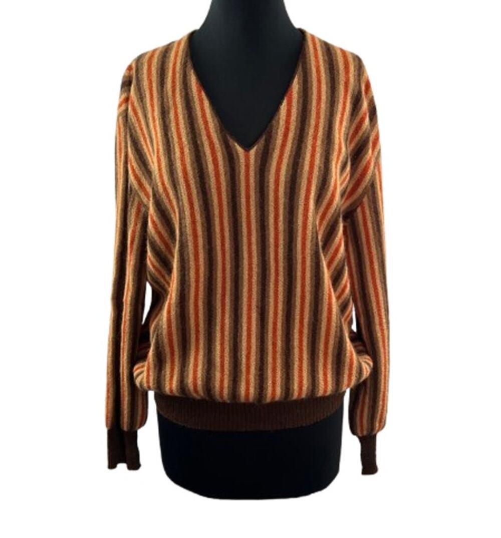 VINTAGE Lemmermayer Vienna Austria Pure Alpaca Sweater Striped Knit V-Neck Sz 44